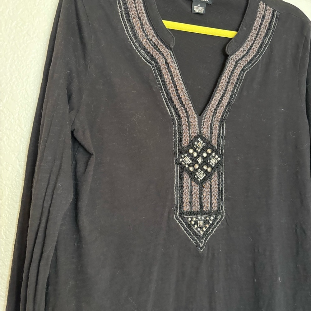 Lucky Brand Y2K long Sleeve embellishment v neck women top XL Black beads boho - Picture 10 of 10